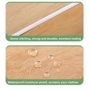 Detail showing reinforced stitching and waterproof test on a garment rack dust cover