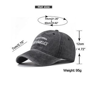 Detailed size guide for washed cotton baseball cap with Los Angeles embroidery