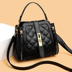 Quilted PU Leather Bucket Bag For Women Rhombic Thread Shoulder Crossbody Handbag With Gold Metal Lock Elegant Chic