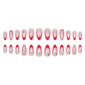 French red tip almond fake nails set with silver lines and colorful dot accents