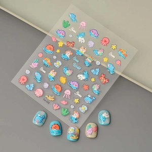 5D ocean world nail stickers featuring blue whales and jellyfish with 3D relief texture