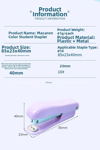 Detailed size chart for macaron purple student stapler using No. 10 staples