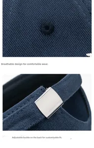 Detail view of cotton twill baseball cap showing embroidery eyelets and metal buckle