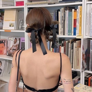 Elegant long black satin ribbon hair bow clips for balletcore aesthetic hairstyle