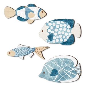 Set di 4 decorazioni da parete in legno a forma di pesce con motivi blu e bianchi