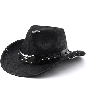 Western Cowboy Hat Faux Leather Wide Brim Sun Protection Vintage Distressed Metal Silver Bull Head Rivets Outdoor Punk Jazz