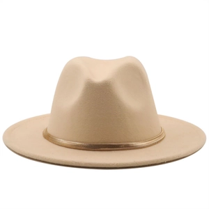 Detail of beige wool fedora hat with gold metal chain trim on white background