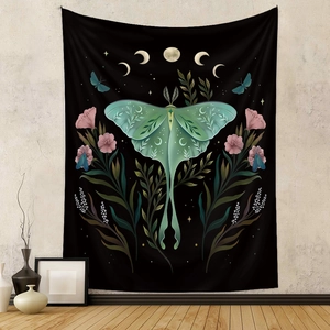 Detail of bohemian luna moth tapestry with moon phases and floral nature patterns