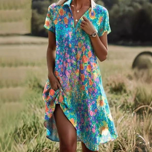 Damen Sommer Boho Maxikleid mit Blumenmuster, Kurzarm und V-Ausschnitt in Blauviolett