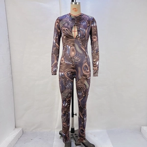 Close-up of chest cutout on shimmering bronze and purple metallic fluid print catsuit