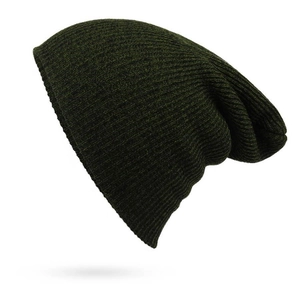 Detailed side view of the dark green knit beanie showing texture and ribbed pattern
