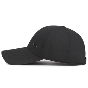 Classic black outdoor baseball cap with a curved long brim and small side metal logo