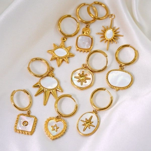 French vintage 14K gold stainless steel earrings with white shell pendants on silk