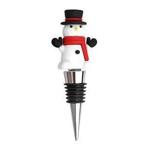 Macro detail of snowman wine stopper with tiered black rubber seal and metal cone base