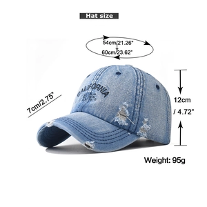 Macro shot of distressed denim fabric and CALIFORNIA SURF embroidery on baseball cap