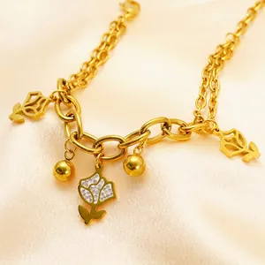18k gold plated stainless steel layered bracelet with hollow diamond flower pendant