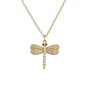 Elegant gold dragonfly pendant necklace with sparkling clear crystals on white background
