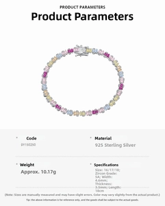 Detail view of colorful 5A zircon stones and 925 silver tennis bracelet specifications