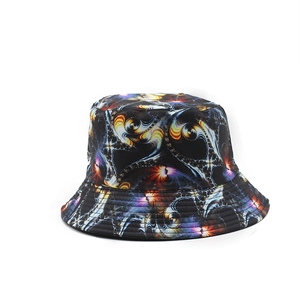 Adult black bucket hat with colorful psychedelic floral print and sun protection features
