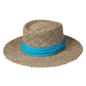 Wide brim natural straw sun hat with blue ribbon for summer beach vacation