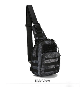 Side view of black camouflage tactical chest bag featuring MOLLE system and adjustable strap