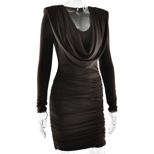 Detail of a brown long sleeve dress with a draped V-neck and ruched bodycon skirt
