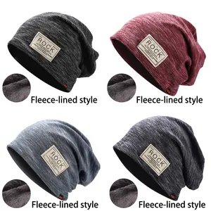 Winter knitted beanie for women with fleece lining and rock patch in four colors