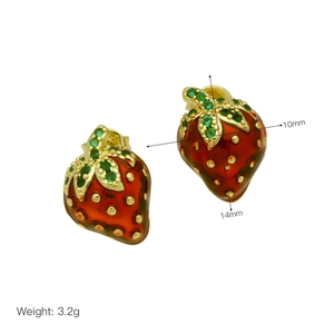Detailed view of red strawberry earrings with size measurements and green crystal leaves