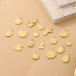 Stainless Steel Charms Pendants Gold Plated Coin Shape Angel Queen Relief Vintage Style For DIY Jewelry Making