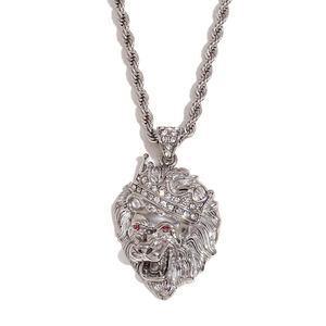 Silver crown lion pendant necklace with twist chain and sparkling rhinestone details