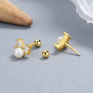 925 silver bow stud earrings with white pearl and sparkling zircon in gold finish