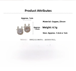 Detail view of gold-plated rabbit stud earrings with zircon inlay and product dimensions