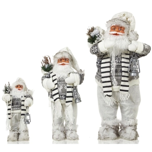 Three-piece Nordic Santa Claus figurine set with lanterns in grey and white tones