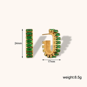 Boucles d'oreilles J en acier doré avec zircons verts rectangulaires, hauteur 24mm