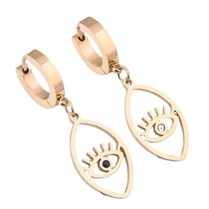Gold evil eye hoop earrings with blue and white gems on a clean white background