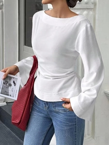 Chic white boat neck long sleeve top with flared cuffs and slim fit waist design
