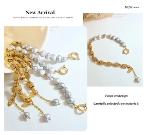 Detailed macro view of gray baroque pearl with twisted gold chain and K18 metal tag