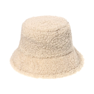 Close-up of thick cream white faux shearling texture on a winter bucket hat