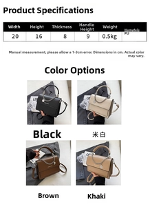Detailed dimension chart and color options for the PU leather crossbody handbag