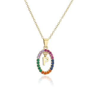 Detail of gold letter P pendant with multicolor zircons on a delicate chain necklace