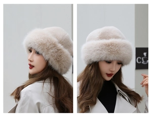 Detailed side view of thick faux fur winter hat in creamy white for women