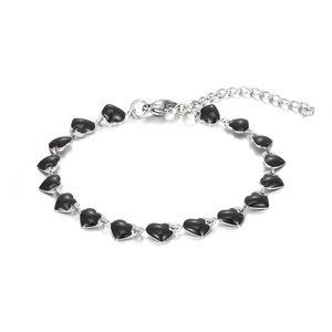 Silver stainless steel chain bracelet with black heart charms and adjustable clasp link