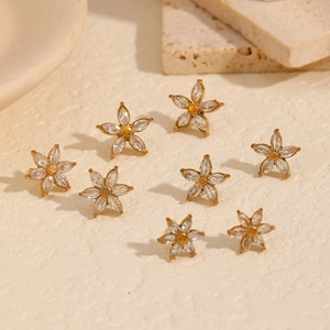 Flower Stud Earrings Stainless Steel Marquise Cubic Zirconia 18K Gold Plated Geometric Elegant Jewelry For Women