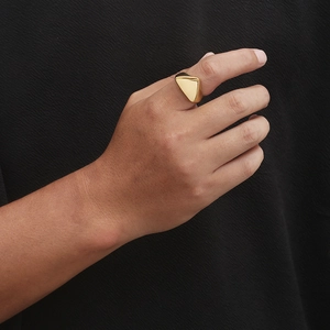 Polished gold triangle stainless steel signet ring for men on index finger