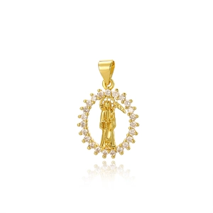 Detailed view of Santa Muerte gold pendant with sparkling clear cubic zirconia stones