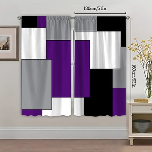 Detail view of modern geometric square pattern polyester curtain in purple and grey tones