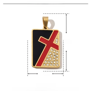 Detailed size specifications of the gold cross pendant with red and black enamel inlay