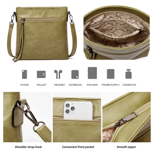 Detailed views of the olive green soft leather tote bag showing compartments and strap