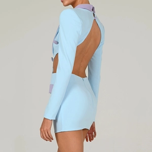 Light blue backless mini dress with purple trim and long sleeves for women