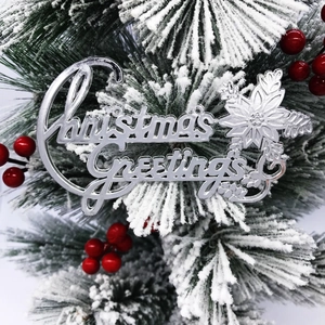 Silver Christmas Greetings sign with red berries and snowy pine tree decoration
